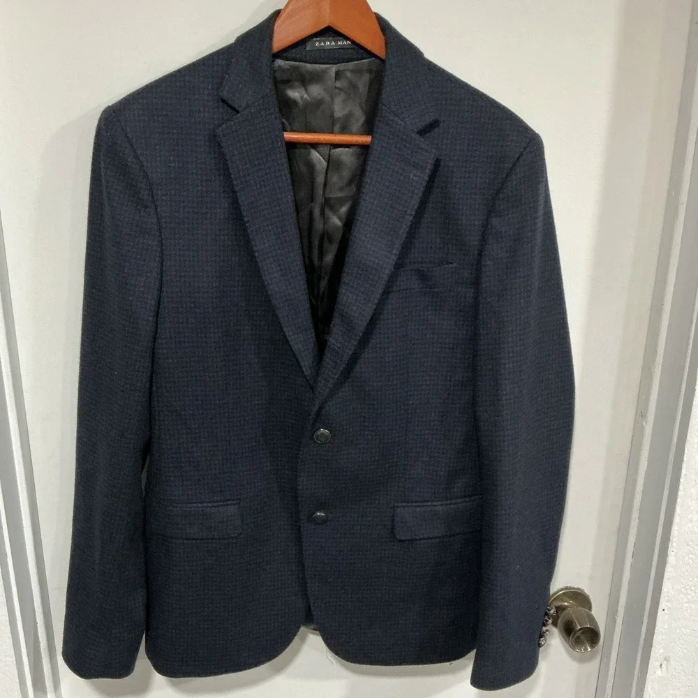 Zara Man Houndstooth Wool Blend Sport Coat Jacket Blazer, Navy Blue, 38R